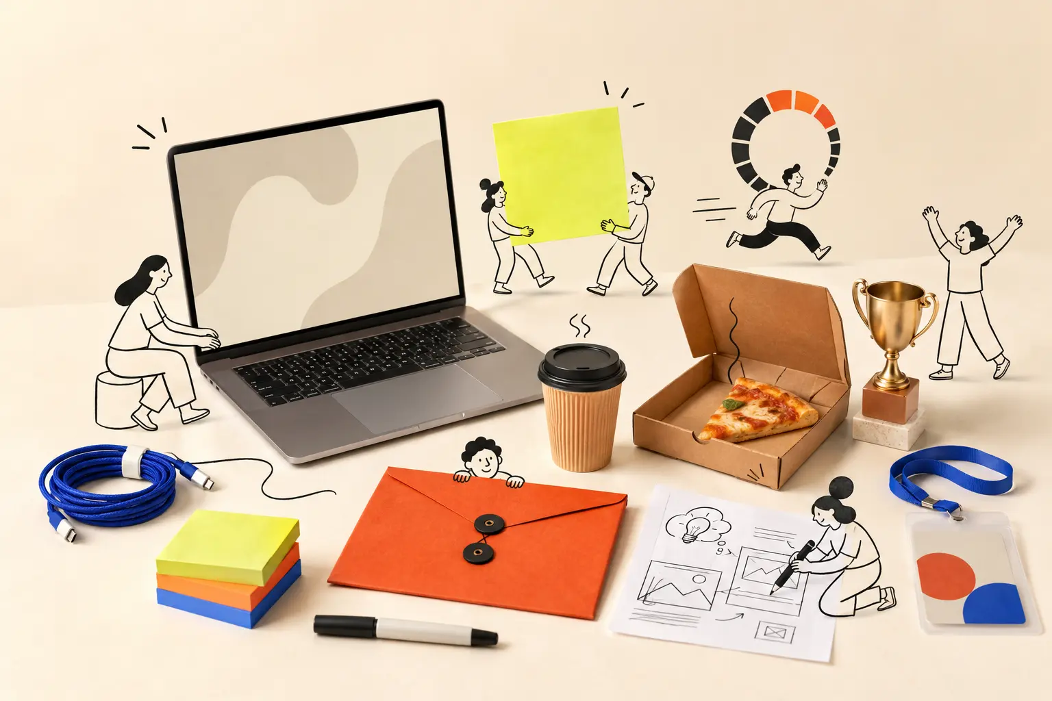 Hackathon objects including a laptop, timer, badges, notes, markers, envelopes and trophy with hand-drawn people