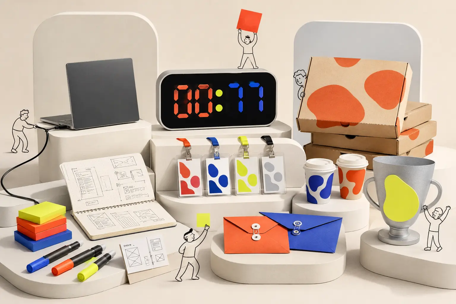 Hackathon objects including a laptop, timer, badges, notes, markers, envelopes and trophy with hand-drawn people